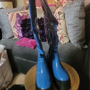 Blue patent leather boots